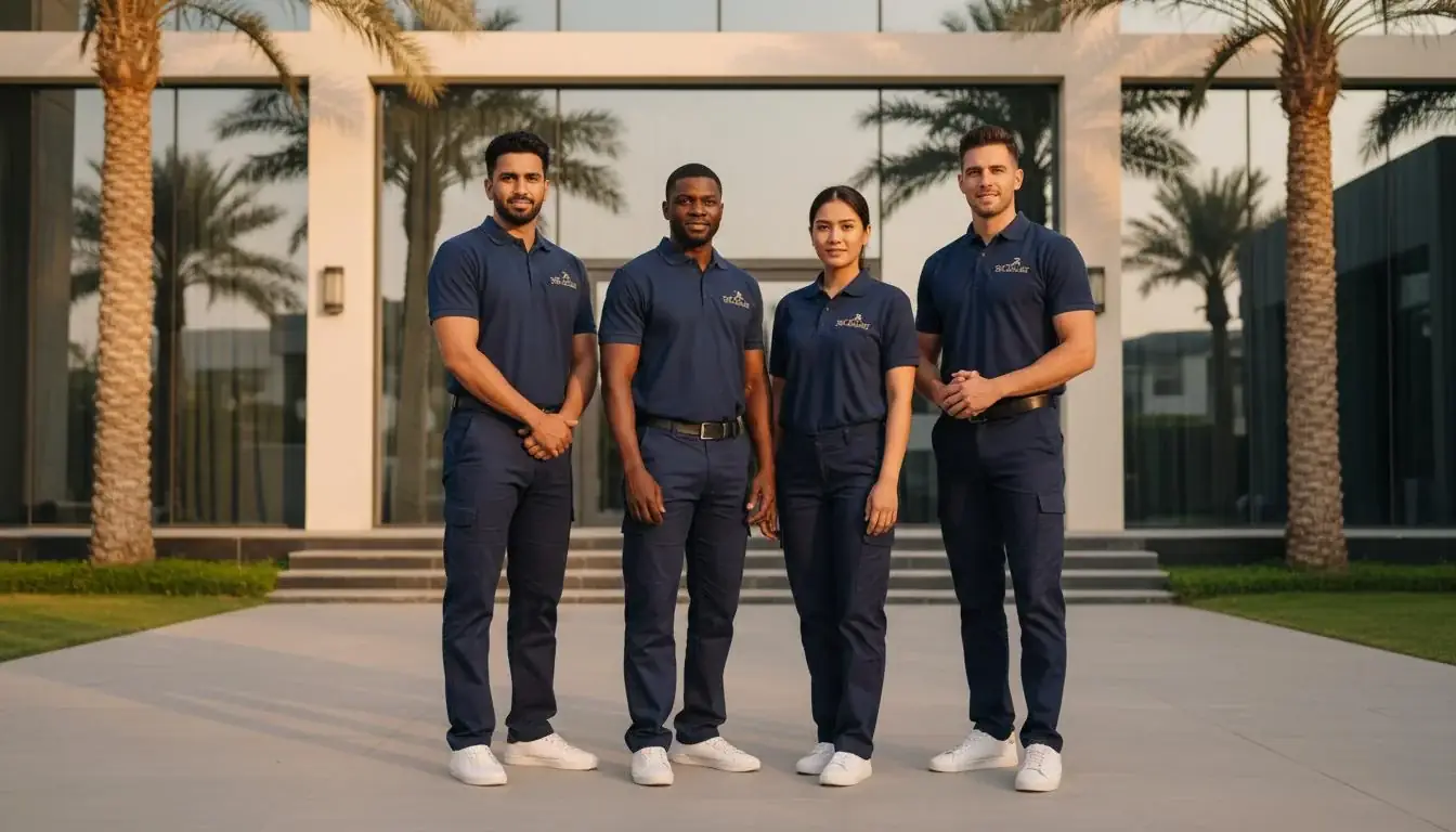 Sea Palmz diverse professional cleaning team in branded navy uniforms with gold logo